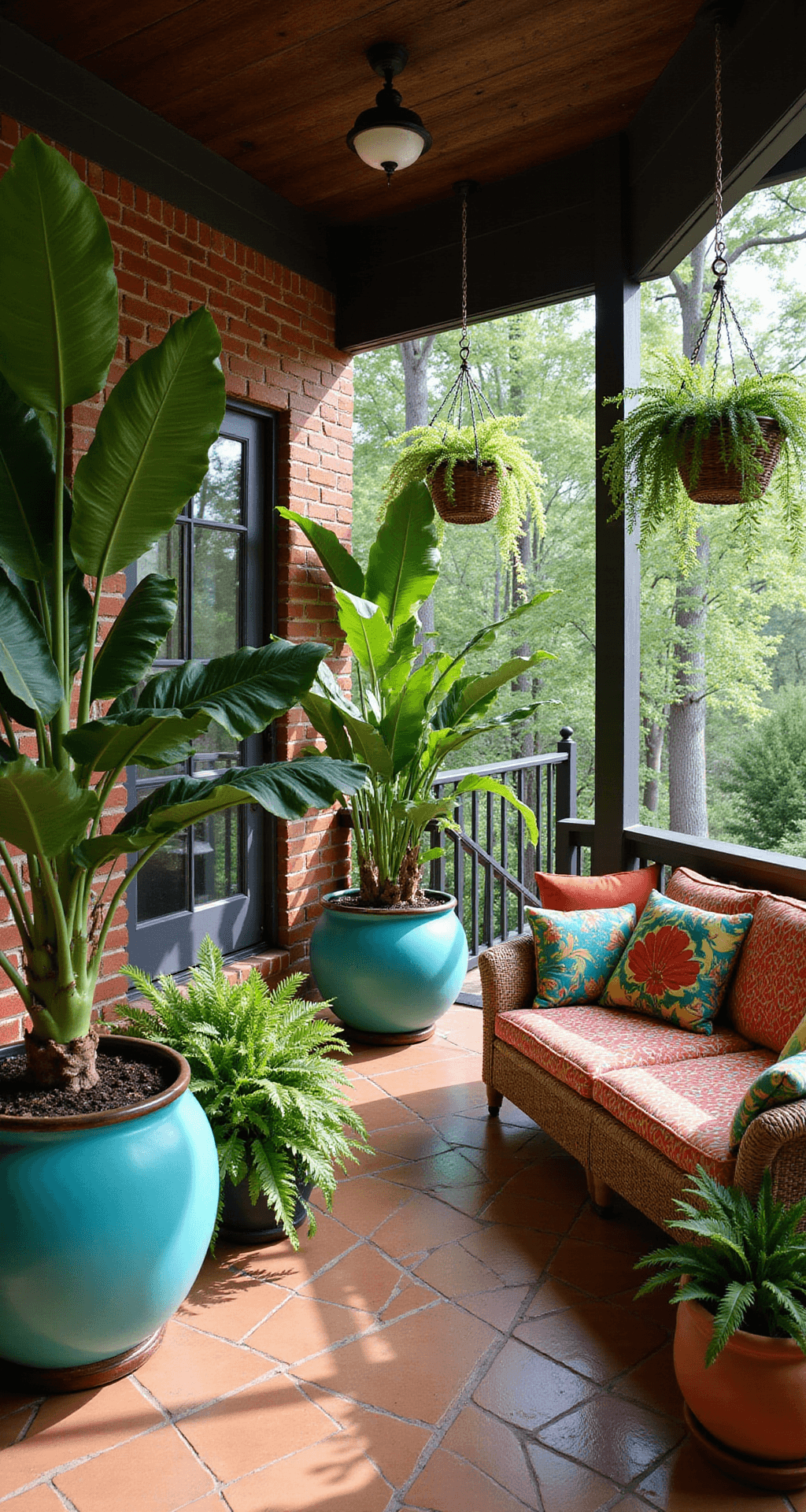 Transform Your Front Porch Into a Stunning Outdoor Oasis: A Complete Landscaping Guide A transformed tropical porch featuring bold exotic foliage under bright midday lighting, with a dark wood ceiling, terra cotta tile flooring, vibrant planters, woven rattan furniture, and decorative string lights, all creating a lush and vibrant resort atmosphere.