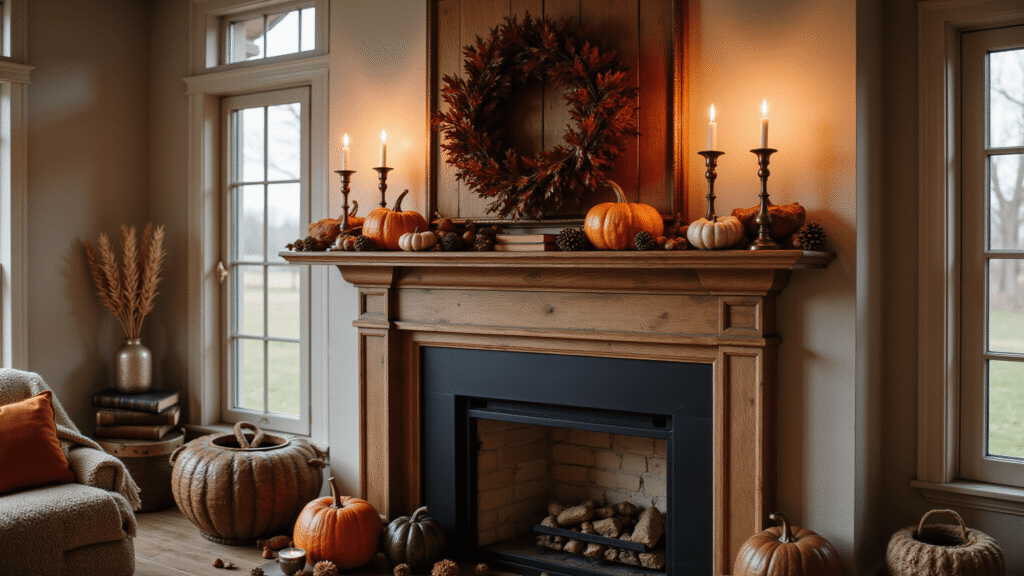 Fall Fireplace Mantel Decor: Transform Your Living Space This Autumn A cozy autumn scene featuring a rich mahogany fireplace mantel adorned with a large burgundy leaf wreath, brass candlesticks with flickering candles, velvet pumpkins, scattered pinecones, and vintage leather books, all warmly illuminated by golden hour sunlight.