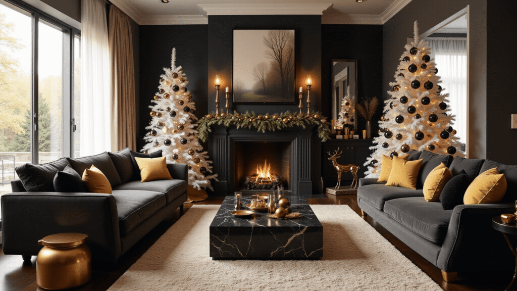 Black and Gold Christmas Decor: Your Guide to Creating a Show-Stopping Holiday Look Elegant living room adorned with black and gold Christmas decor, featuring a flocked white tree with oversized ornaments, modern charcoal sectional, black marble coffee table, luxurious garland on mantel, and warm ambient lighting.