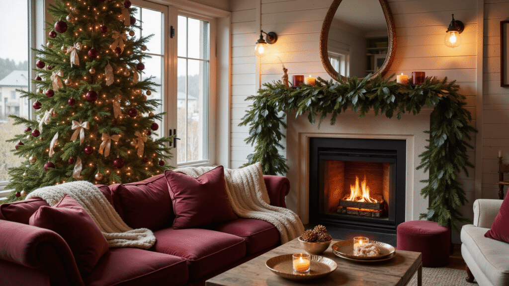 Burgundy Christmas Decor: How I Transformed My Holiday Style From Basic Red to Breathtakingly Elegant Elegant living room decorated for Christmas, featuring a Fraser fir tree with burgundy velvet ornaments, cream ribbon, and warm lights, complemented by a cozy sectional sofa, rustic coffee table with candles, eucalyptus garland on the fireplace, and warm ambient lighting.