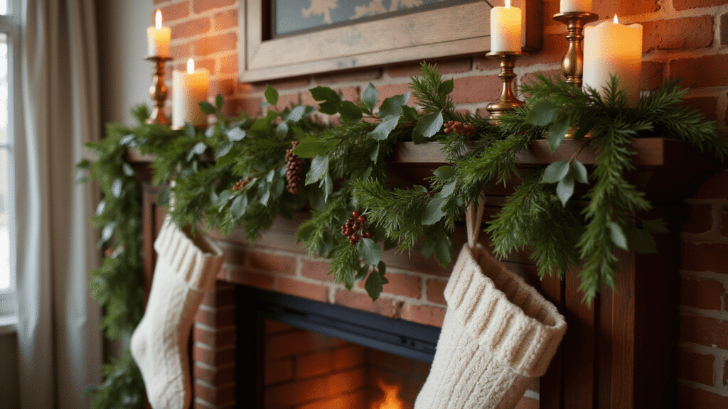 Mantel Christmas Decorations That'll Make Your Fireplace the Star of the Season Elegant Christmas mantel decorated with cascading pine garland, eucalyptus, and magnolia leaves, featuring brass candlesticks, cream cable-knit stockings, and warm amber fireplace glow, captured in warm golden hour light.