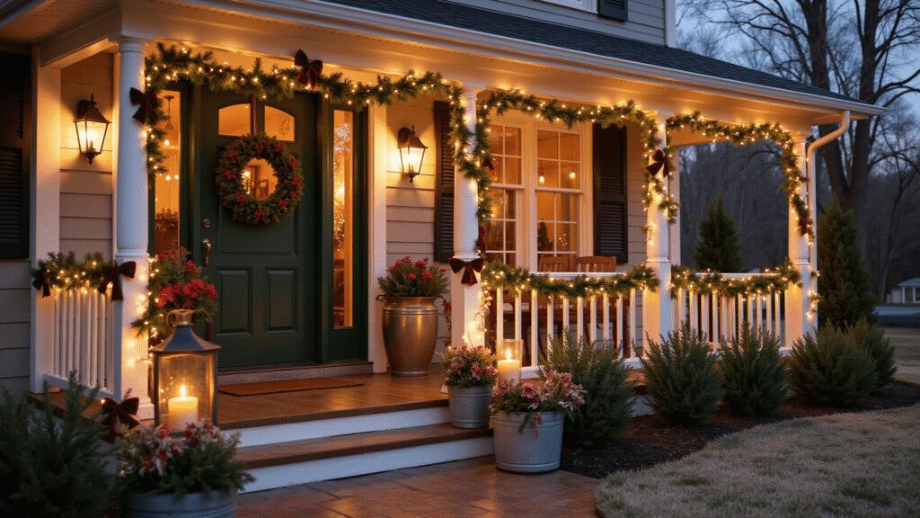 Christmas Outdoor Decor That'll Make Your Neighbors Actually Jealous Cinematic wide shot of an elegant Christmas outdoor display featuring illuminated wreaths, burgundy velvet ribbon garland, warm LED lights, battery-operated candles, candy cane pathway markers, and vintage brass lanterns, all creating a cozy festive atmosphere at golden hour.