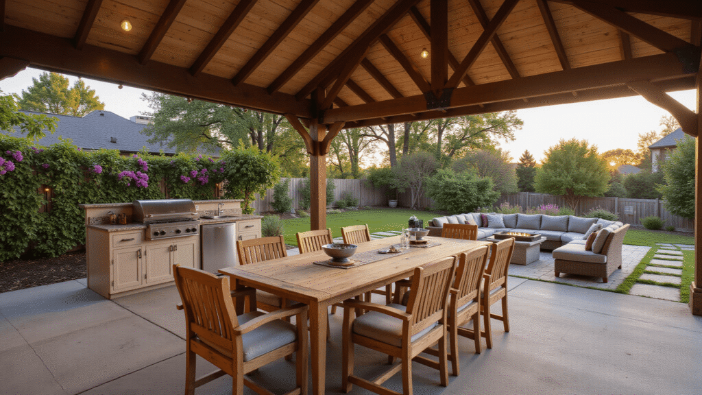 Outdoor Pavilions: The Complete Guide to Choosing the Perfect Backyard Retreat Cinematic outdoor pavilion at golden hour featuring a dramatic gable roof, weathered teak furniture, climbing purple clematis vines, and a cozy fire pit, set against a contemporary home backdrop with lush landscaping.