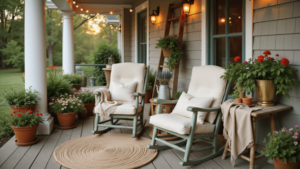 How I Transformed My Cottage Porch Into the Coziest Spot on the Block Cinematic wide shot of a cozy cottage porch at golden hour, featuring sage-painted rocking chairs with cream cushions, layered jute rugs, vibrant geraniums in terracotta pots, and warm string lights, creating an inviting atmosphere perfect for morning coffee and evening relaxation.