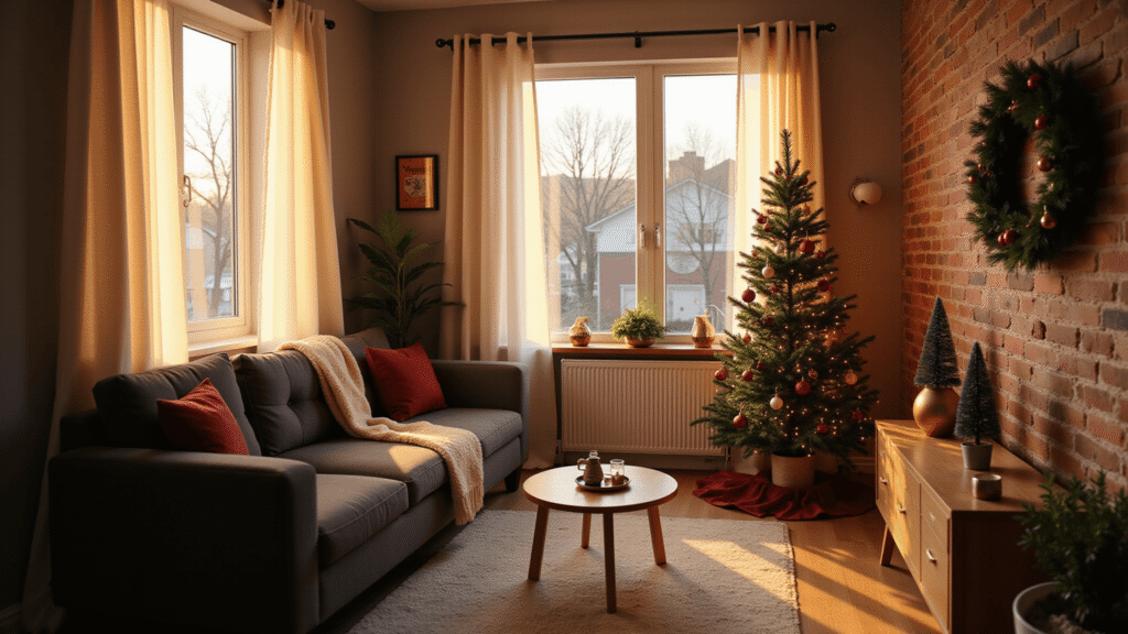 Christmas Apartment Decor: Transform Your Small Space Into a Holiday Haven Photorealistic cozy studio apartment living room during golden hour, featuring a slim Christmas tree with red and gold ornaments, charcoal sectional sofa with burgundy pillows and a cream blanket, warm sunlight filtering through sheer curtains, and elegant decorations creating a festive atmosphere.