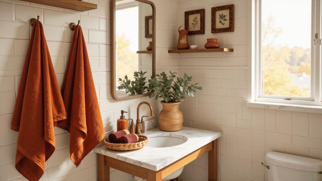 Transform Your Bathroom Into a Cozy Fall Retreat Without Breaking the Bank Cozy fall bathroom retreat featuring burnt orange towels, rattan tray with eucalyptus, and a marble vanity, bathed in warm golden hour sunlight.