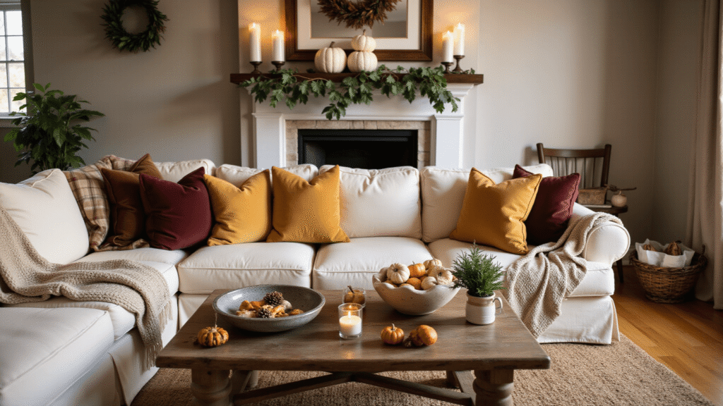 How I Transformed My Home Into a Fall Haven (And You Can Too) Cozy fall living room with a cream sectional, burgundy and mustard pillows, chunky knit blankets, and a rustic wooden coffee table filled with mini pumpkins and candles, bathed in warm golden hour light.
