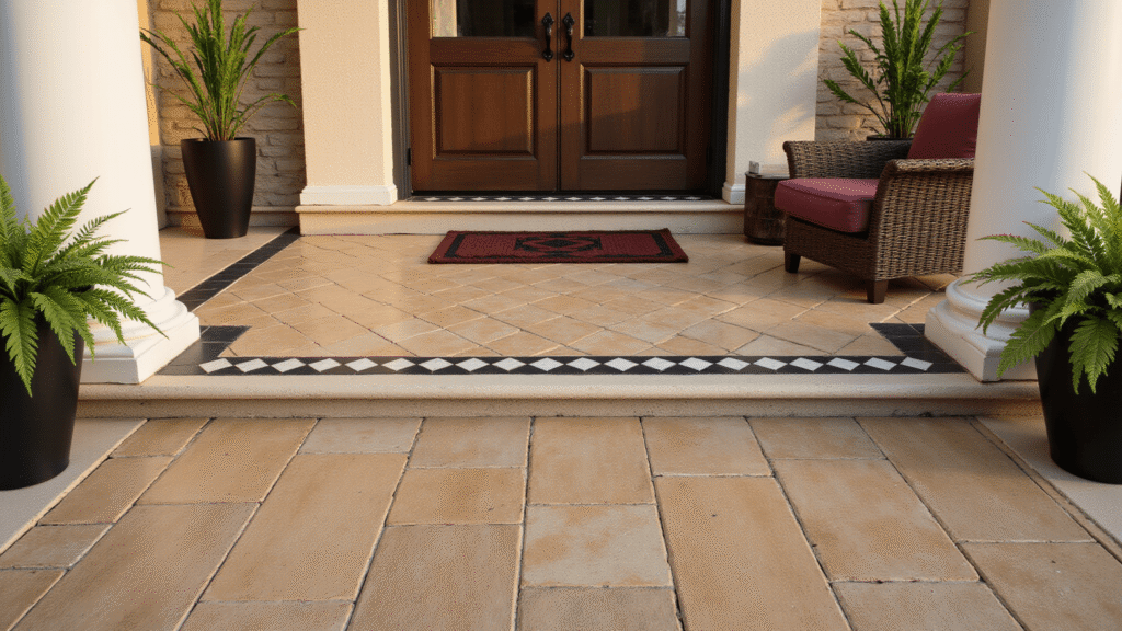 Porch Tile Patterns That'll Make Your Neighbors Stop and Stare Elegant front porch featuring honey-toned herringbone wood-look tiles with charcoal grout, Victorian black and white checkerboard border, geometric accents, warm golden hour lighting, and stylish furnishings.