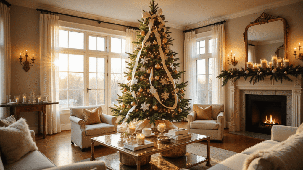 White and Gold Christmas Decor: How I Transform My Home Into a Winter Palace An elegant winter palace living room decorated for Christmas, featuring a towering tree with white and gold ornaments, warm sunlight, and luxurious textures, creating a cozy and sophisticated holiday atmosphere.