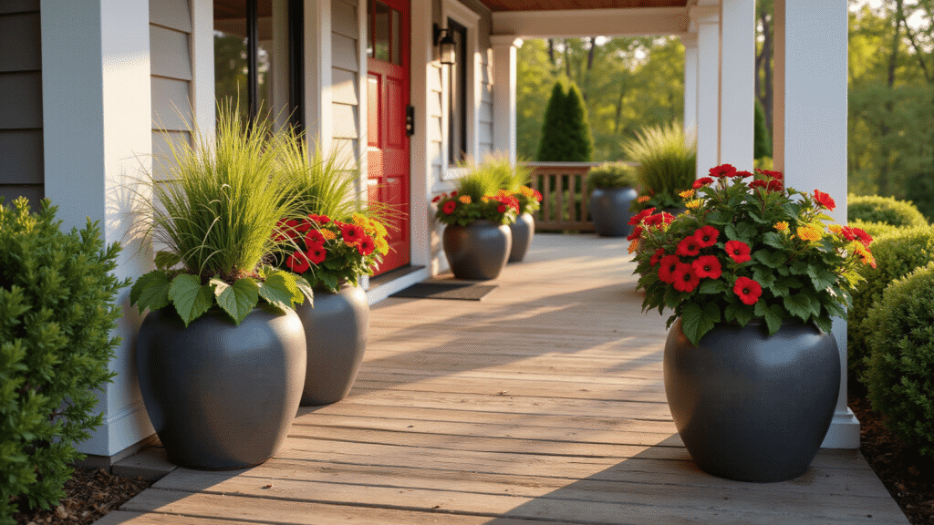 Transform Your Front Porch Into a Stunning Outdoor Oasis: A Complete Landscaping Guide Cinematic wide shot of a cozy front porch with charcoal ceramic planters, lush ornamental grasses, colorful coleus, and cascading petunias beside a red door, set on weathered wood decking under warm golden hour lighting, framed by white columns and low boxwood plantings for a balanced, inviting atmosphere.