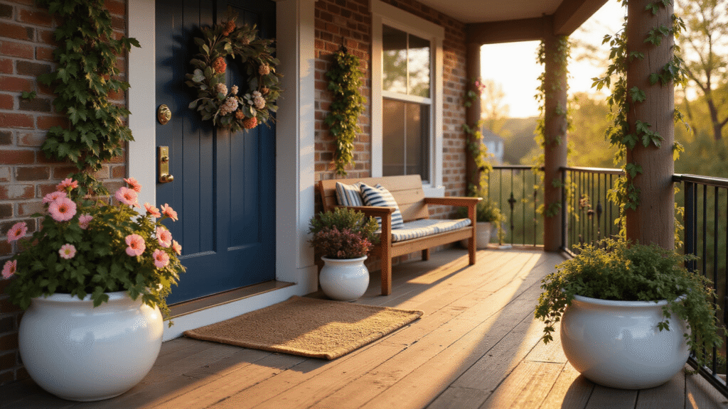 A cozy front porch at golden hour, featuring a navy blue door, white ceramic planters with ivy and petunias, a layered jute rug, and a weathered teak bench, all illuminated by warm amber sunlight.