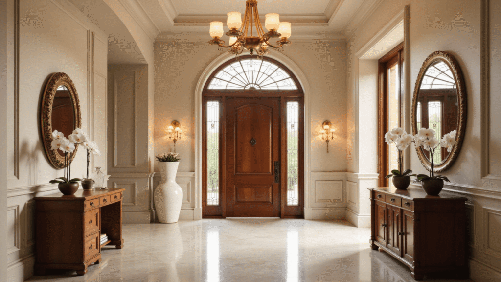 A luxurious two-story foyer with polished Carrara marble floors and an oversized brass chandelier, featuring a rich walnut console table with white orchids, an eight-foot mahogany front door, and cream walls with traditional wainscoting, all illuminated by warm golden hour lighting.