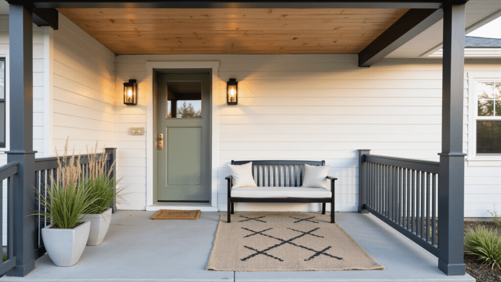 Modern Front Porch Decor Trends That'll Make Your Neighbors Actually Stop and Stare Wide shot of a modern front porch at golden hour, showcasing charcoal gray railings, a sage green door, and warm lighting from black lantern sconces, with natural wood ceiling planks and herringbone concrete flooring.