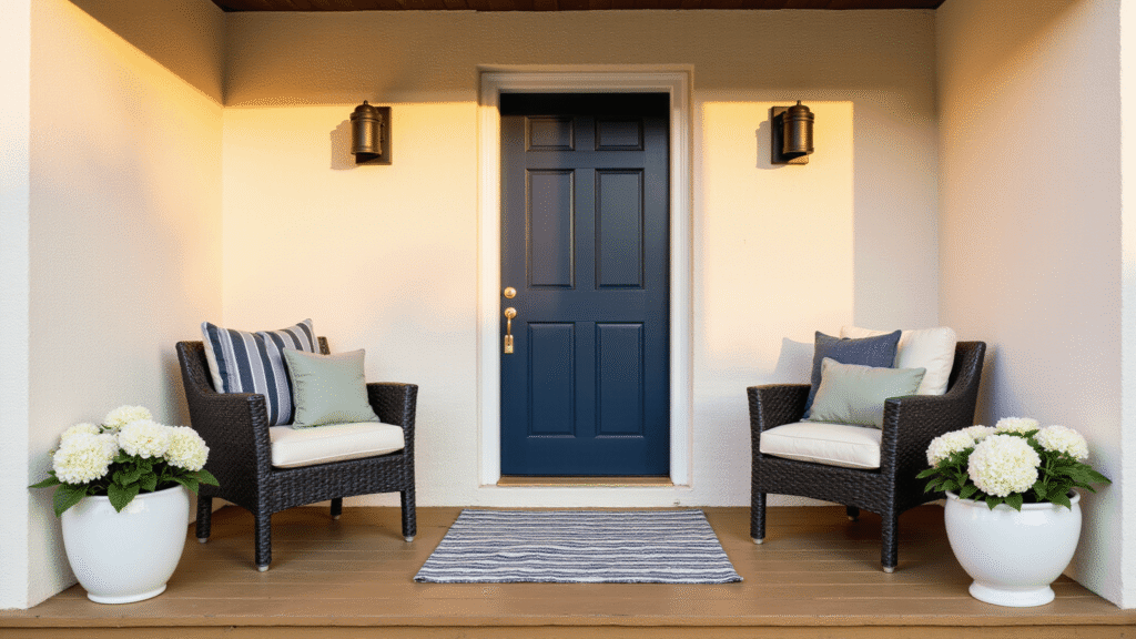 Front Porch Makeover Ideas That'll Make Your Neighbors Stop and Stare Cinematic front porch with a navy blue door, brass hardware, and warm honey composite decking, featuring charcoal wicker furniture, cream cushions, white hydrangeas, and a navy striped rug, bathed in golden hour light with soft-focus background and modern farmhouse sconces.