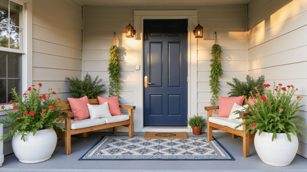 Front Porch Design Ideas That'll Make Your Neighbors Stop and Stare Cinematic front porch at golden hour with a wraparound veranda, featuring a navy blue door, vibrant geraniums in ceramic planters, a weathered teak bench with coral pillows, and copper lanterns, all set against dappled sunlight filtering through oak trees.