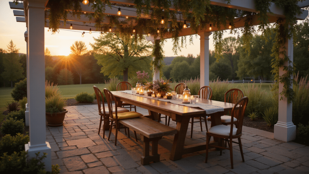 Creating an Outdoor Dining Space That Actually Makes You Want to Eat Outside Cinematic wide shot of a cozy outdoor dining space featuring a weathered oak farmhouse table under a white pergola adorned with wisteria, mixed seating with a wooden bench and Windsor chairs, warm cushions, dappled sunlight, Edison bulb string lights, and candles, all illuminated by a rich amber sunset.
