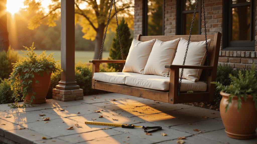 Free Standing Porch Swing: Everything You Need to Know Before You Buy One Cinematic wide shot of a rustic wooden porch swing on a weathered stone patio at golden hour, featuring warm amber sunlight, cream linen cushions, terracotta planters with trailing ivy, scattered autumn leaves, and nearby measuring tape and level tools, all captured with a shallow depth of field and soft shadows for a cozy atmosphere.