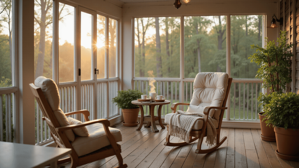 Screened Porch Design Ideas That'll Make You Never Want to Go Inside Spacious screened porch at golden hour featuring weathered teak rocking chairs with cream cushions, charcoal screens, white posts casting shadows, small side table with coffee mugs and a blanket, Boston ferns in terracotta pots, vintage string lights, hardwood flooring, and dappled sunlight.