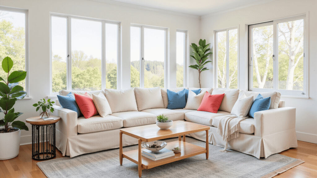 Sunroom Design Ideas That'll Make You Want to Ditch Your Living Room Cinematic sunroom with soft afternoon light, featuring a neutral cream sectional sofa adorned with coral and blue throw pillows, a light wood coffee table, a fiddle leaf fig plant, and a modern black metal side table, all set against warm white walls and a light gray area rug.
