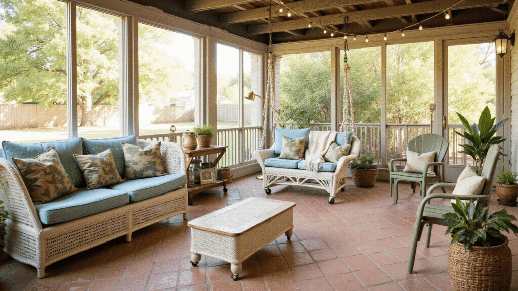 Enclosed Porch Decorating Ideas That'll Make You Never Want to Go Inside Cozy enclosed porch with vintage wicker furniture, mismatched chairs, and a hanging swing, bathed in warm afternoon light, featuring eclectic decor and lush greenery.