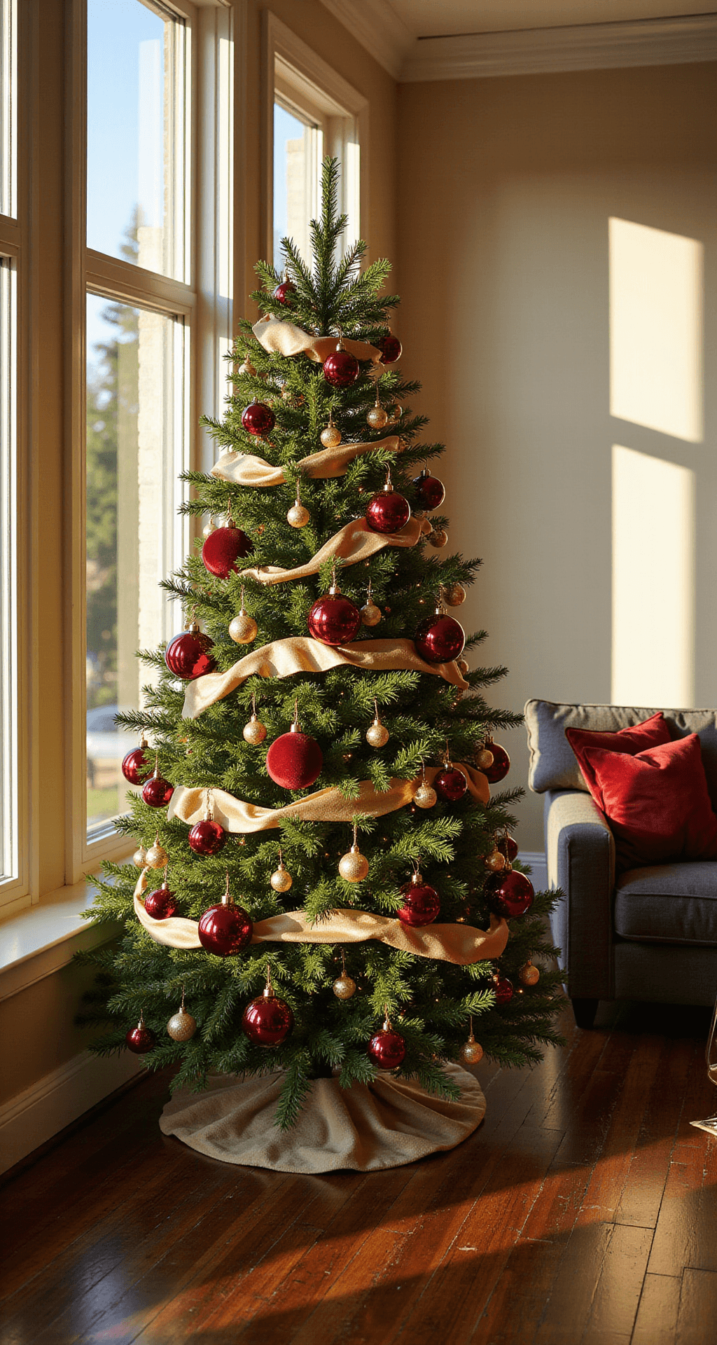 Red and Gold Christmas Decor: The Classic Combo That Never Gets Old Professional interior photograph of a grand living room featuring a 9-foot Fraser fir Christmas tree adorned with burgundy and crimson ornaments, warm white lights, and gold ribbon, with warm sunlight streaming through tall windows onto dark hardwood floors.