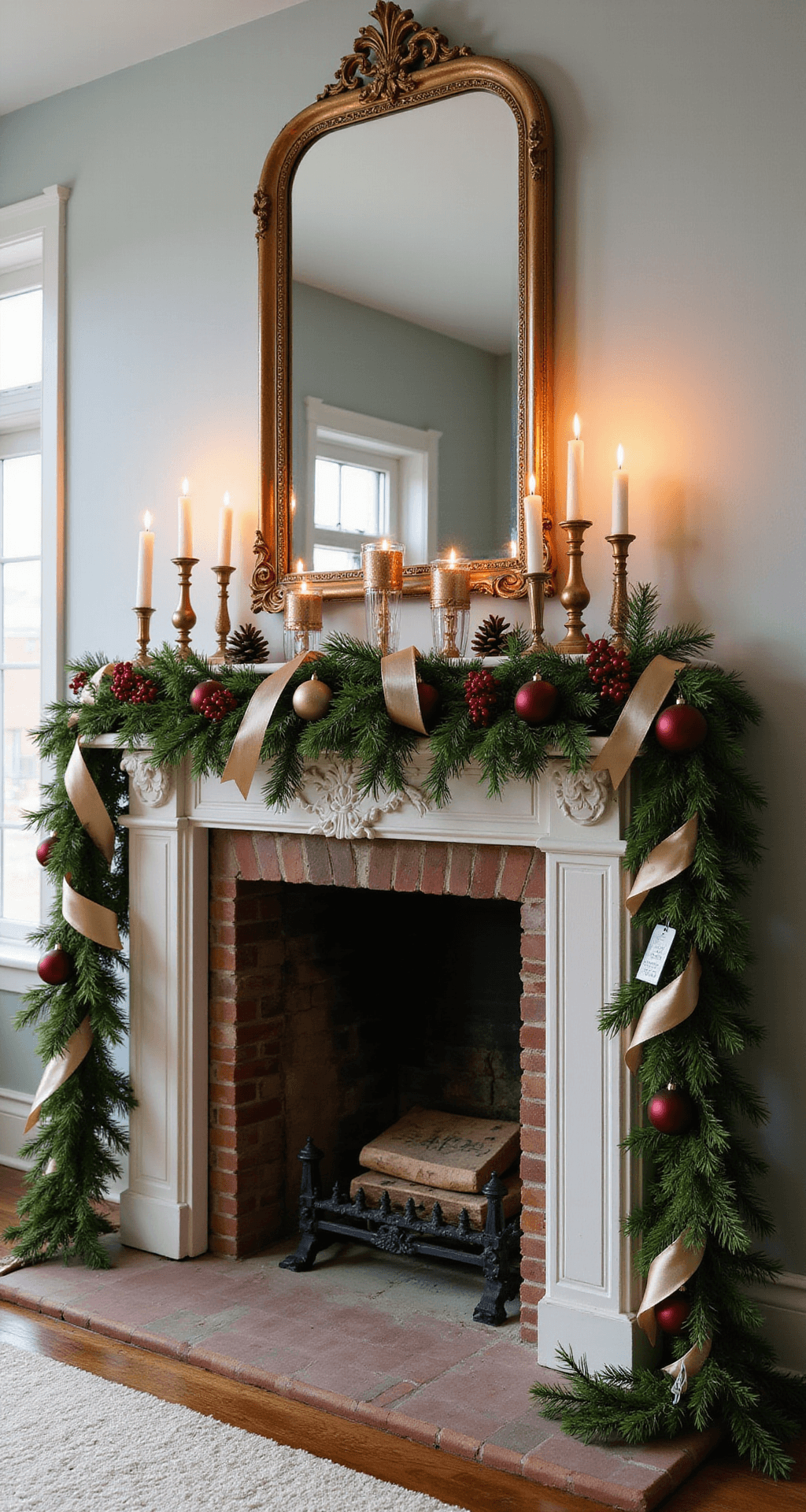 Red and Gold Christmas Decor: The Classic Combo That Never Gets Old Cinematic wide-angle shot of an elegantly decorated Christmas fireplace mantel with a white wood mantle, lush Noble fir garland, burgundy ornaments, and brass candlesticks, captured at blue hour with warm lighting, featuring an antique gold-framed mirror above and rich walnut hardwood floors.