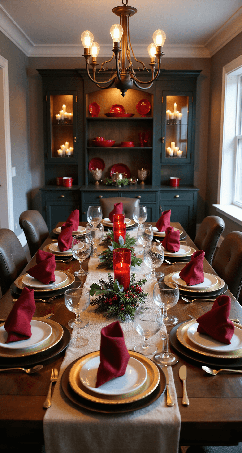 Red and Gold Christmas Decor: The Classic Combo That Never Gets Old Atmospheric evening dining room scene featuring a dark walnut table set for eight with deep red napkins, gold-rimmed china, and brushed gold chargers, illuminated by a wrought iron chandelier. Decor includes a cream burlap runner, gold-painted pinecones, red votive candles, and fresh holly, with a lit china cabinet in the background and warm gray walls.