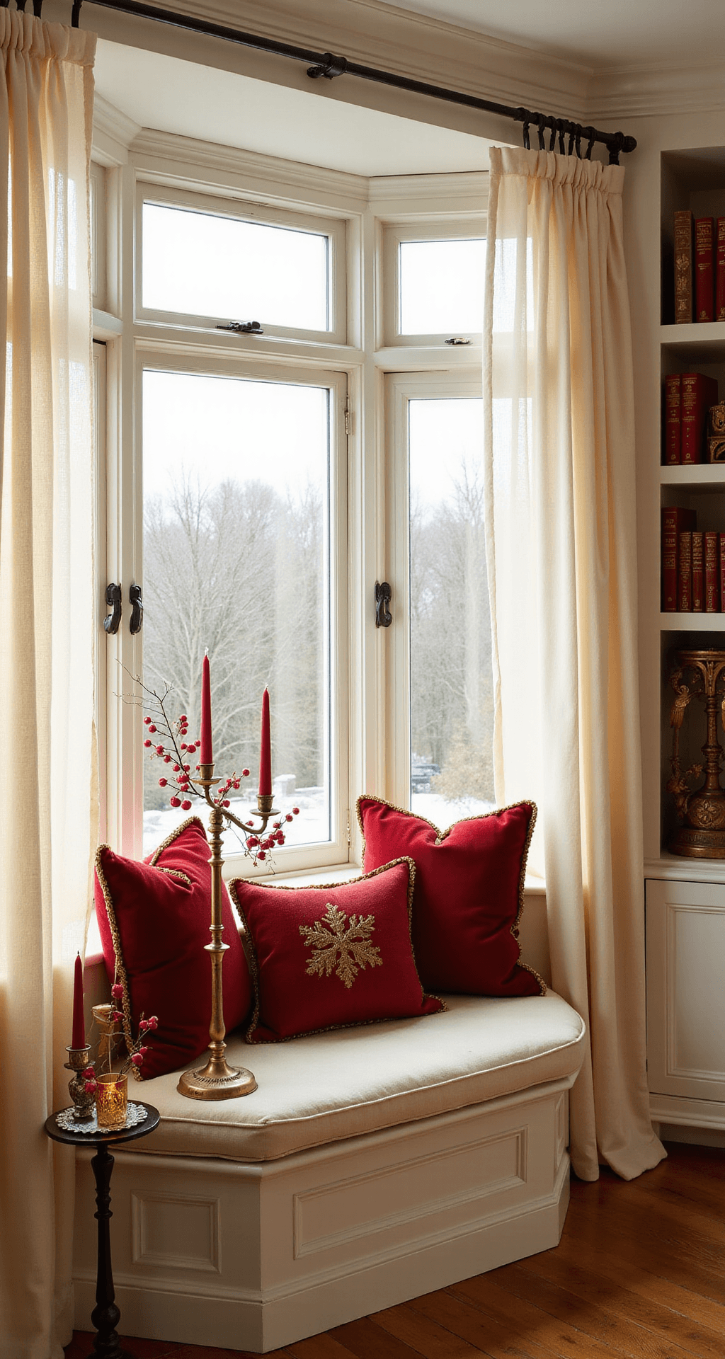 Red and Gold Christmas Decor: The Classic Combo That Never Gets Old Cozy Christmas window nook with bay windows, decorated with gold mercury glass votives and red berry stems; cream window seat with red velvet cushions; sheer ivory curtains; vintage brass candelabra; built-in white bookshelves with red leather books and gold decor, captured in soft morning light.