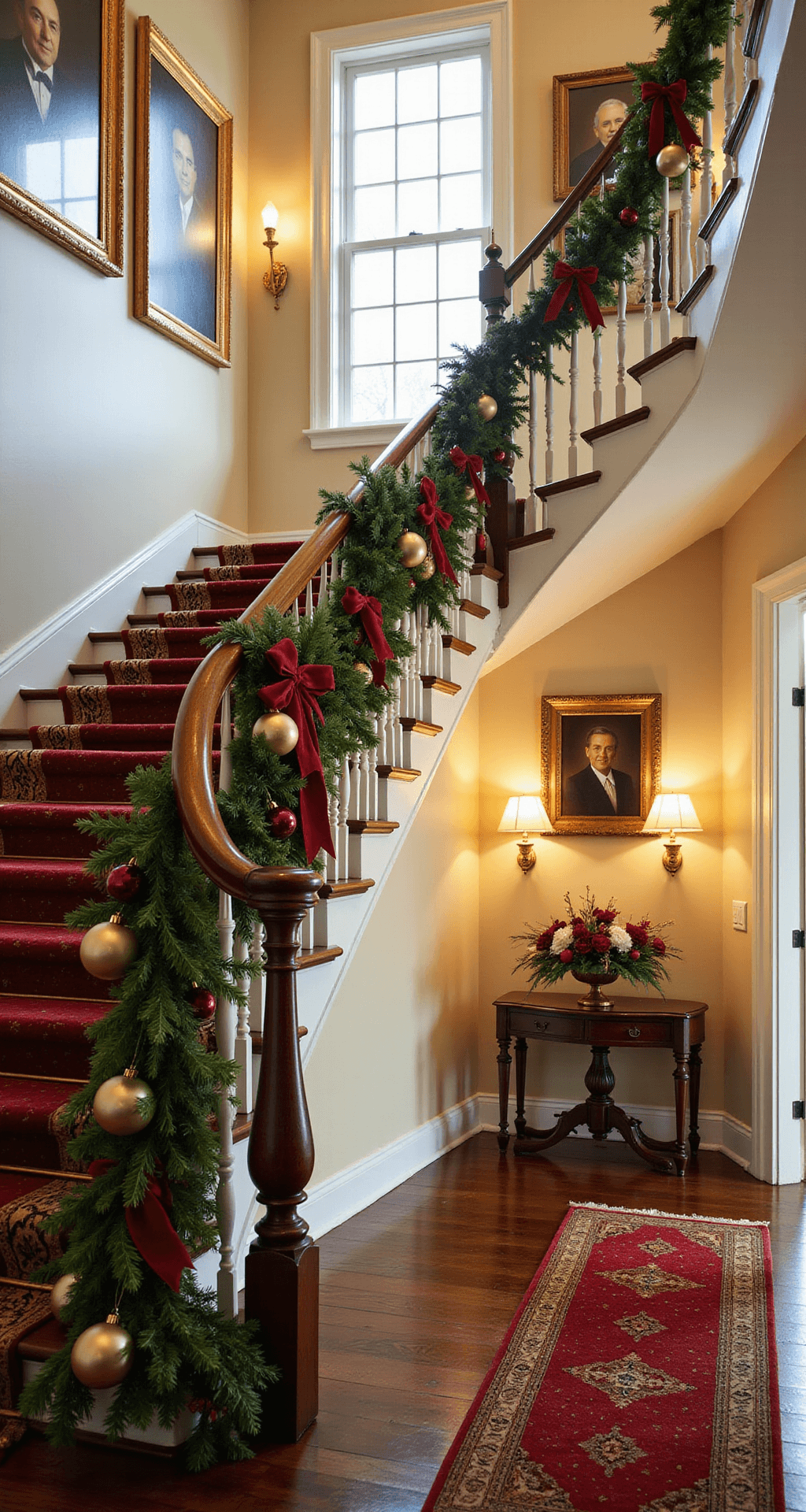 Red and Gold Christmas Decor: The Classic Combo That Never Gets Old Wide-angle view of a grand staircase decorated for the holidays, featuring a dark wood handrail wrapped in evergreen garland and red velvet ribbon, with gold and burgundy ornaments. The scene is illuminated by natural light from a second-story window and brass sconces, highlighting cream walls adorned with family portraits and a rich Persian runner on the stairs.