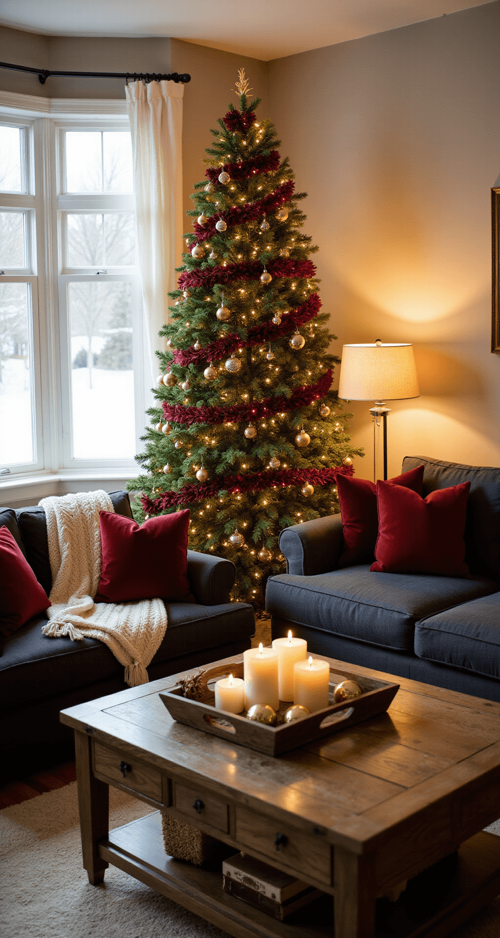 Christmas Home Decor Ideas That Actually Work (Without Draining Your Wallet) A cozy living room at golden hour, featuring a 5-foot pre-lit Christmas tree with burgundy velvet ribbon and deep crimson ornaments beside a bay window. A charcoal sectional sofa with red plaid pillows, a cream cable-knit blanket, and a dark wood coffee table decorated with pillar candles and gold ornaments. Warm light filters through white curtains onto hardwood floors with a cream area rug.
