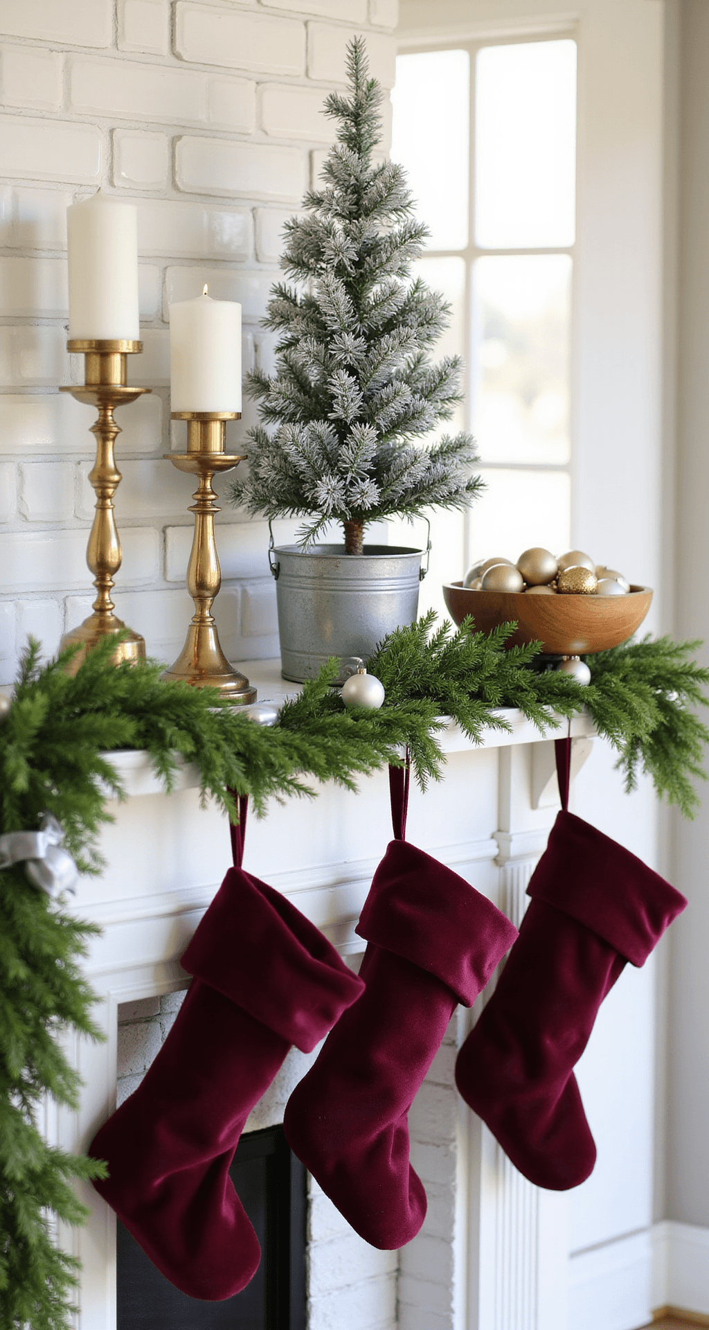 Christmas Home Decor Ideas That Actually Work (Without Draining Your Wallet) Close-up angled shot of a white wooden mantelpiece adorned with asymmetrical Christmas decorations, featuring evergreen garland, burgundy stockings, brass candlesticks, a flocked tree, and metallic ornaments, all illuminated by natural afternoon light.