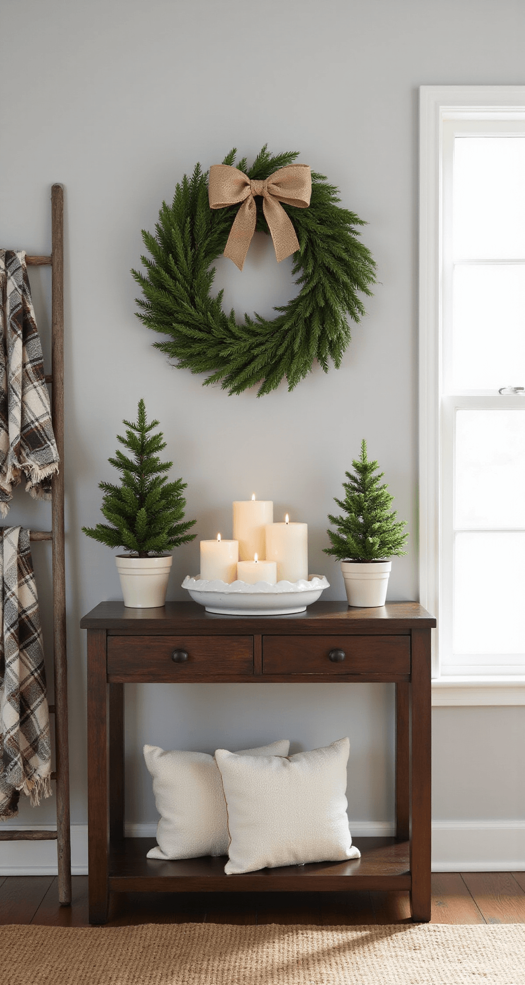 Christmas Home Decor Ideas That Actually Work (Without Draining Your Wallet) A narrow dark walnut console table against dove gray walls, adorned with a fresh evergreen wreath above and a Christmas vignette featuring pillar candles and Norfolk pines, illuminated by bright morning light.