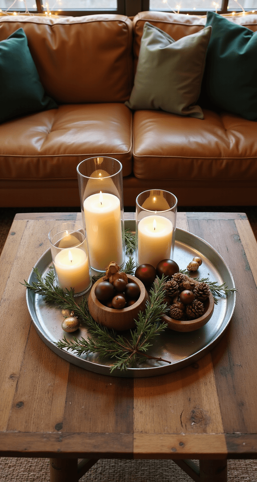 Christmas Home Decor Ideas That Actually Work (Without Draining Your Wallet) Overhead shot of a rustic wooden coffee table in a warmly lit living room, featuring candles, ornaments, and natural elements, with a camel-colored leather sofa and jute rug visible in the corners.