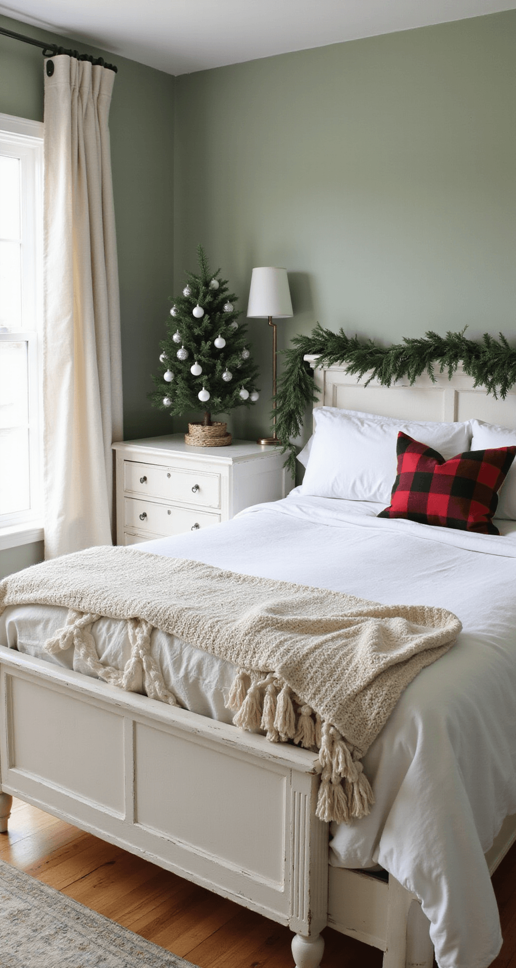 Christmas Home Decor Ideas That Actually Work (Without Draining Your Wallet) Master bedroom corner with subtle Christmas decor, featuring a weathered white dresser, a small decorated tabletop Christmas tree, a queen bed with white linens and a buffalo check accent pillow, and a cream cable-knit throw. Natural light filters through linen curtains, illuminating an evergreen and eucalyptus garland above the bed and a vintage-style area rug on hardwood floors.