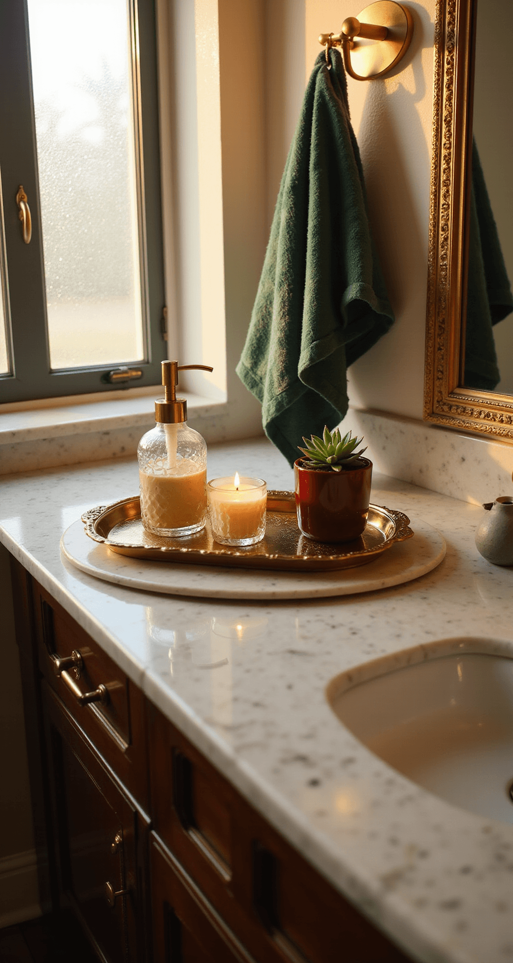 Why Your Bathroom Deserves the Christmas Magic Too Elegant guest bathroom vanity with marble countertop, adorned with a mercury glass soap dispenser, flickering candle, and succulent, featuring warm golden hour lighting and deep hunter green towels.