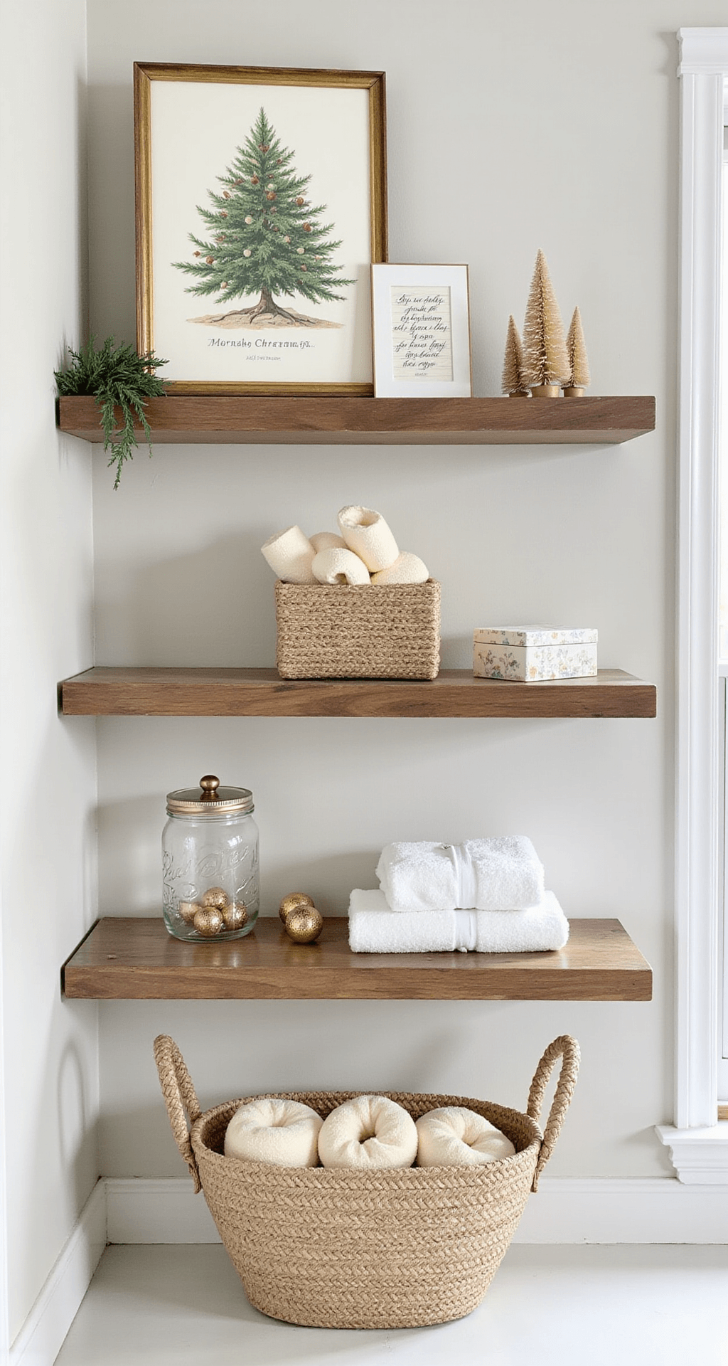 Why Your Bathroom Deserves the Christmas Magic Too Professional lifestyle photo of elegantly styled bathroom floating shelves for Christmas, featuring a vintage botanical print, decorative quote card, woven basket with cream towels, decorative box, a mason jar with gold ornaments, and miniature bottle brush trees, all in an emerald green and white color scheme with gold accents, bathed in natural morning light.