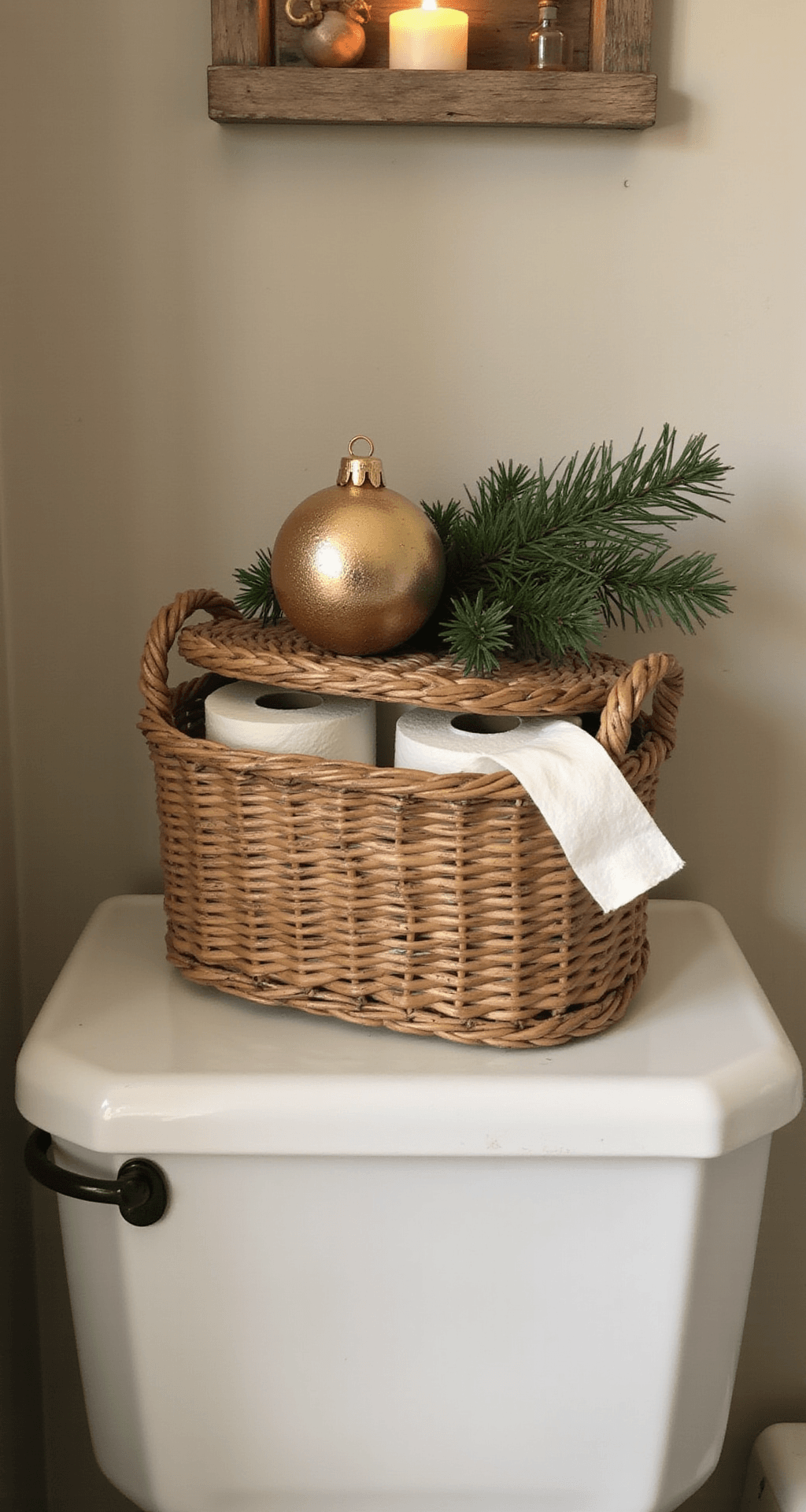Why Your Bathroom Deserves the Christmas Magic Too Close-up detail of a holiday-themed toilet tank featuring a woven basket with a lid storing extra toilet paper, topped with a sprig of pine and a gold ornament, all under warm, soft lighting that creates an inviting ambiance.