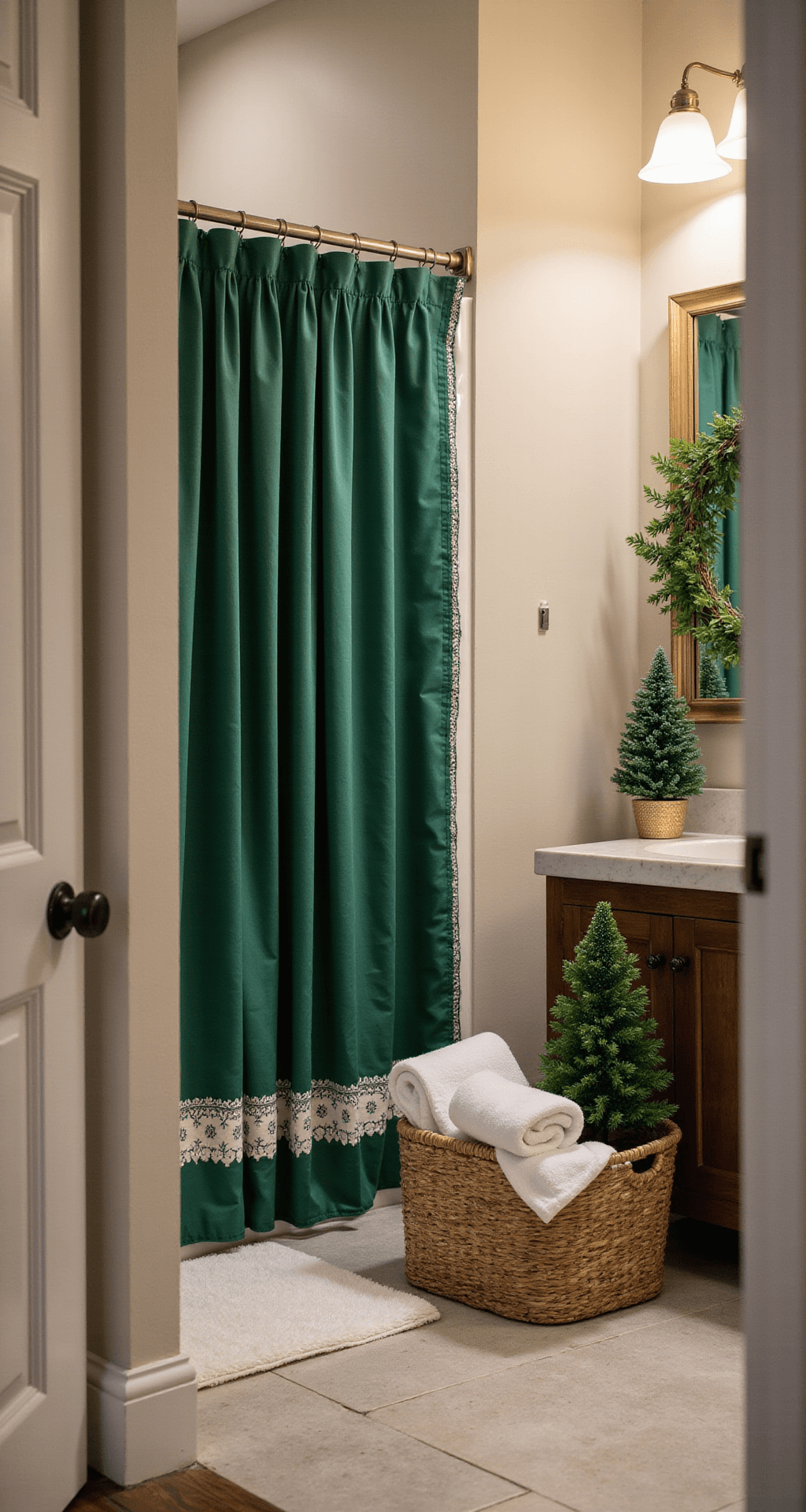 Why Your Bathroom Deserves the Christmas Magic Too Interior shot of a full bathroom decorated for Christmas, featuring an emerald green shower curtain, rolled towels in a decorative basket, an 18-inch faux Christmas tree, and eucalyptus greenery draped from the mirror in a cozy evening ambiance with layered warm lighting.