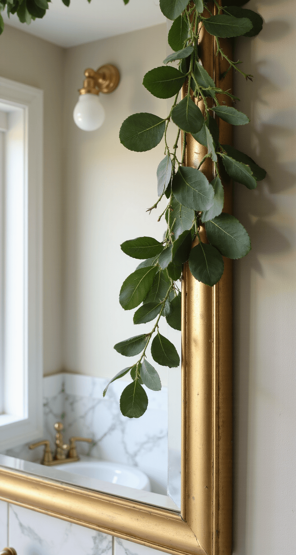 Why Your Bathroom Deserves the Christmas Magic Too Close-up of a stylish bathroom mirror corner featuring eucalyptus and pine swag secured with gold wire, illuminated by warm golden hour light, with a backdrop of white marble and brushed brass fixtures, showcasing a color palette of deep green, cream, and warm metallics.