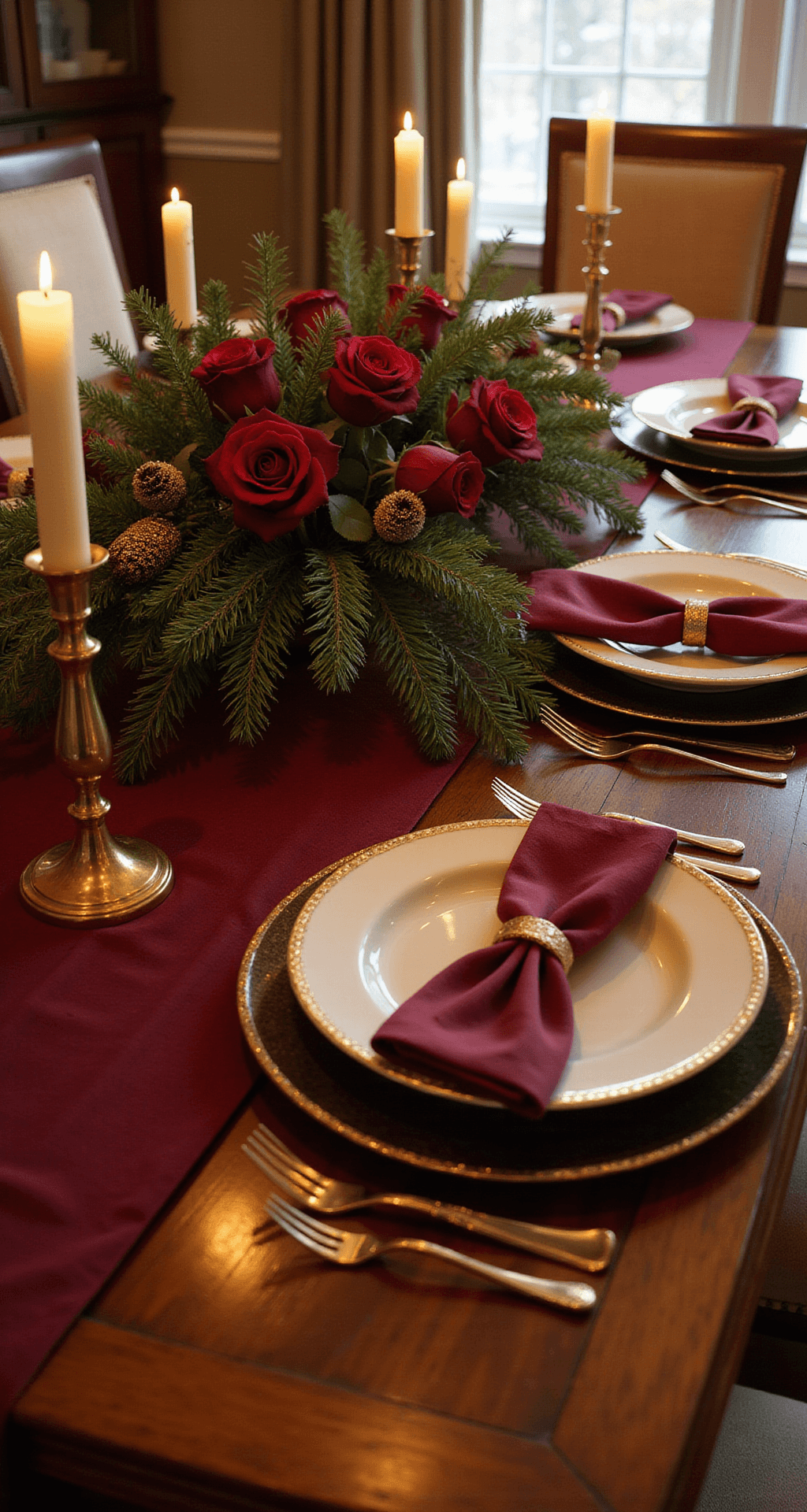 Christmas Table Decor Ideas That'll Make Your Guests Stop Mid-Conversation A warm dining room at golden hour featuring a classic Christmas tablescape with a burgundy linen runner on a mahogany table, elegant place settings with cream and gold dinnerware, a centerpiece of red roses and pine greenery, and warm brass candlesticks with ivory candles, all bathed in intimate candlelight and natural window light.