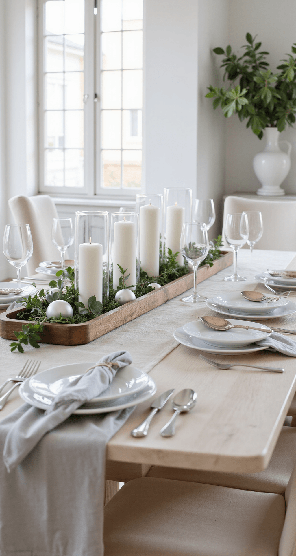 Christmas Table Decor Ideas That'll Make Your Guests Stop Mid-Conversation Contemporary dining space with a minimalist Christmas table setting, featuring a white oak table, cream linen runner, white porcelain place settings, eucalyptus centerpiece, and candlelight, captured in soft afternoon light.