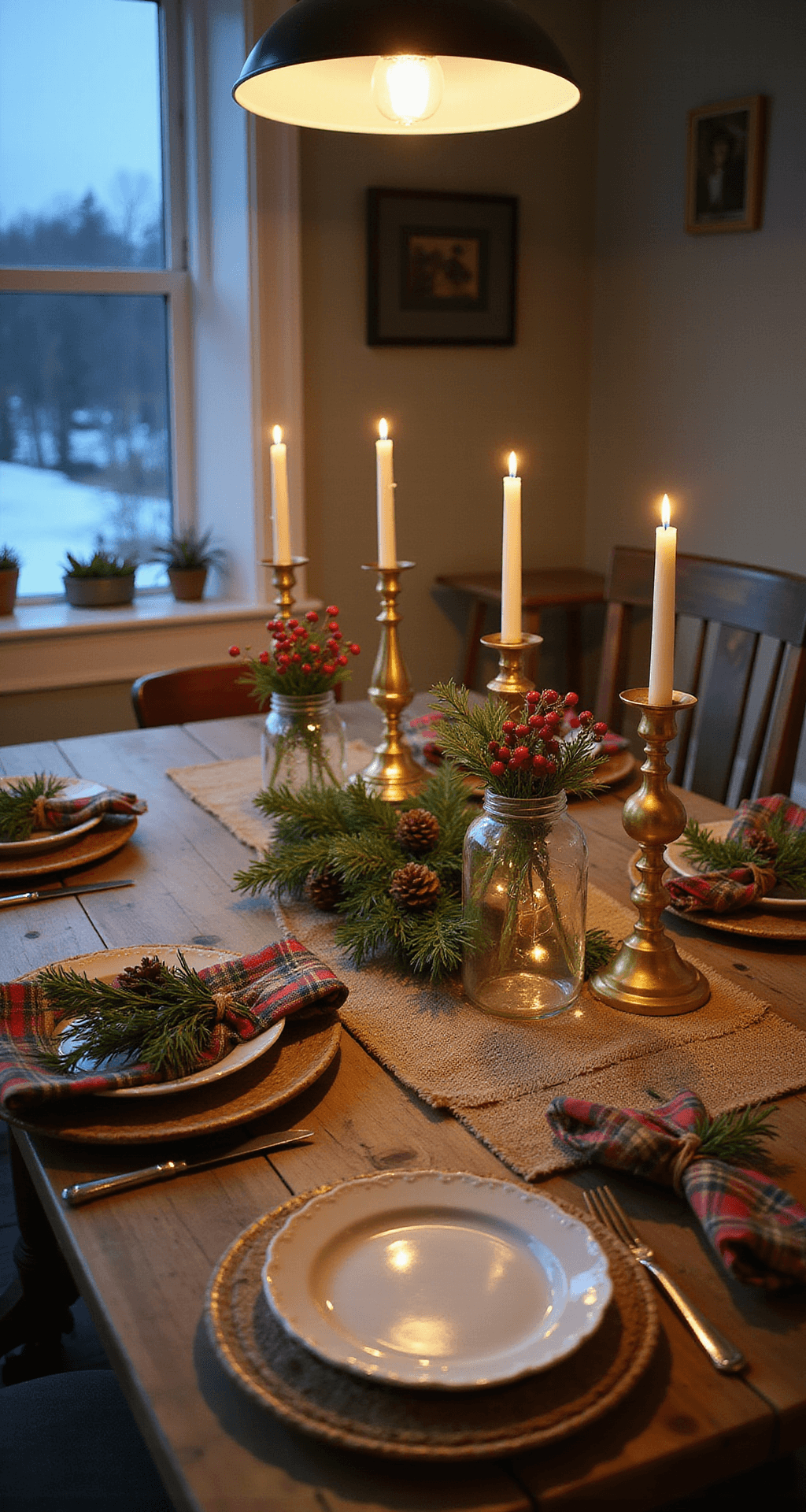 Christmas Table Decor Ideas That'll Make Your Guests Stop Mid-Conversation A cozy farmhouse dining room at blue hour, featuring a rustic Christmas table with a burlap runner, evergreen garland, pinecones, and fairy lights. Mason jar centerpieces with winterberries and holly are paired with vintage brass candlesticks. White stoneware plates on wooden chargers are styled with plaid napkins and rosemary, all illuminated by warm pendant and candlelight, creating an inviting atmosphere.