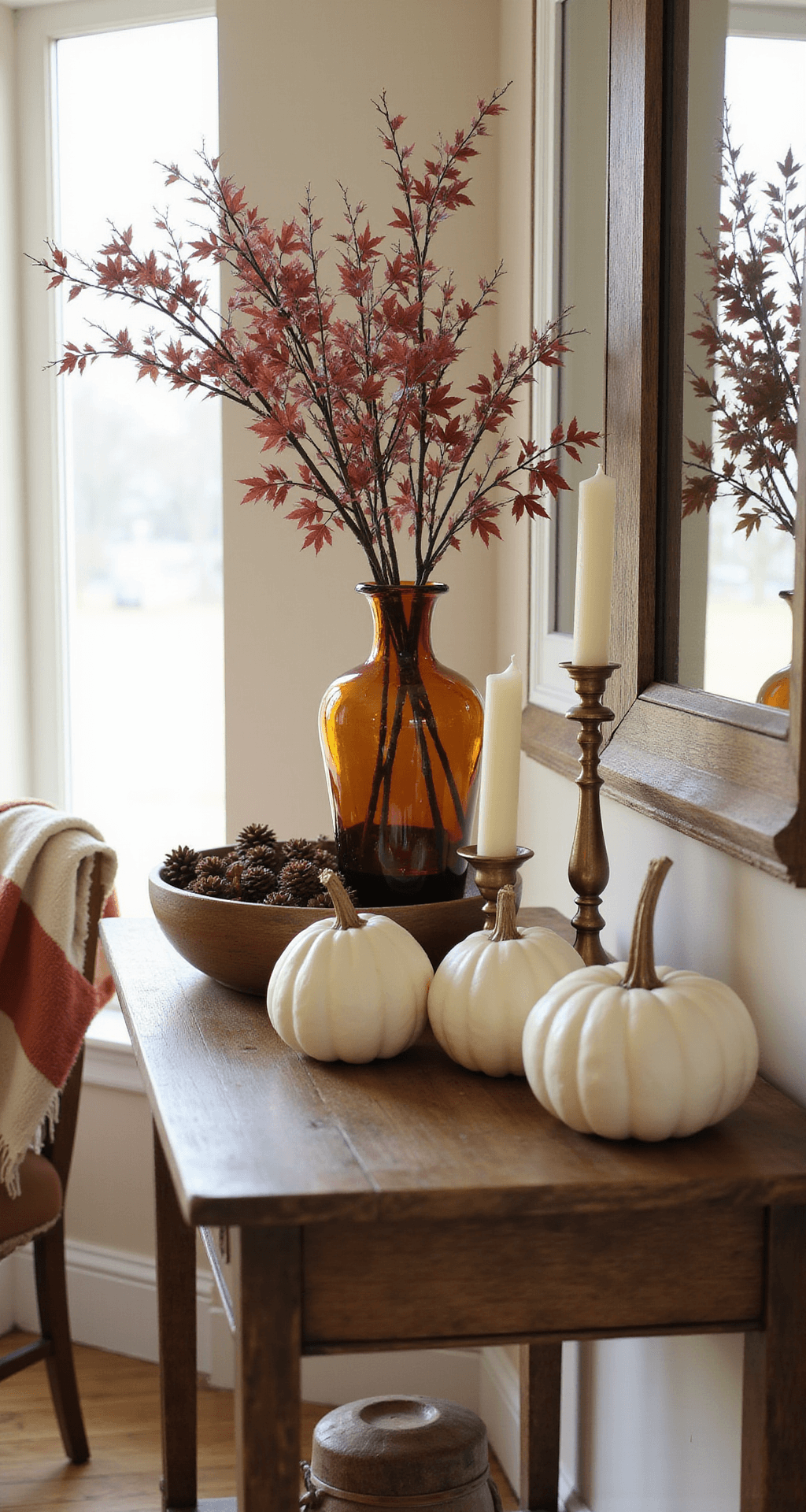 Simple Fall Decor Ideas That'll Make Your Home Pinterest-Worthy (Without Breaking the Bank) Elegant fall entryway vignette featuring a weathered oak console table against a cream wall, adorned with an amber vase of burgundy maple branches, white ceramic pumpkins, a vintage brass candlestick, a rustic wooden dough bowl of mini gourds, and a warm rust throw blanket, all bathed in soft morning light.