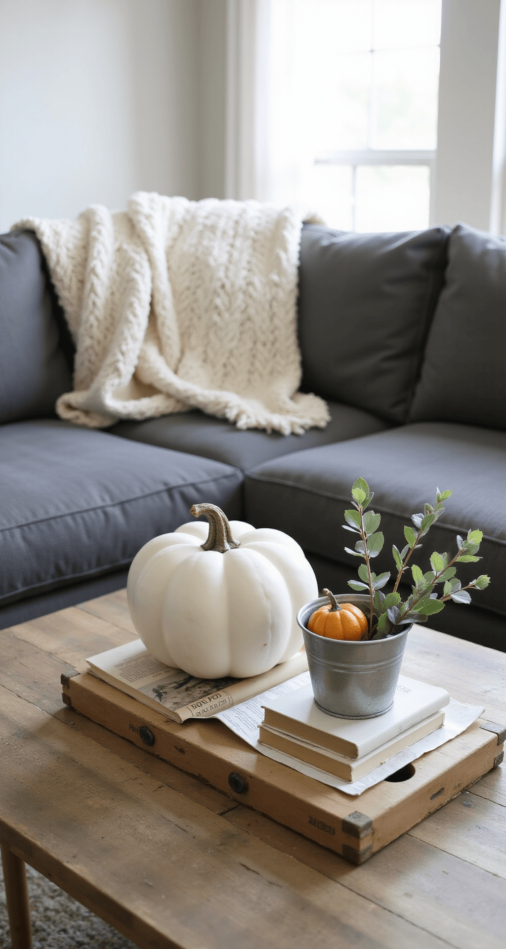 Simple Fall Decor Ideas That'll Make Your Home Pinterest-Worthy (Without Breaking the Bank) Close-up view of a modern farmhouse living room coffee table vignette showcasing a matte white ceramic pumpkin, a galvanized metal bucket with eucalyptus, and vintage books, with soft afternoon light and a blurred background.