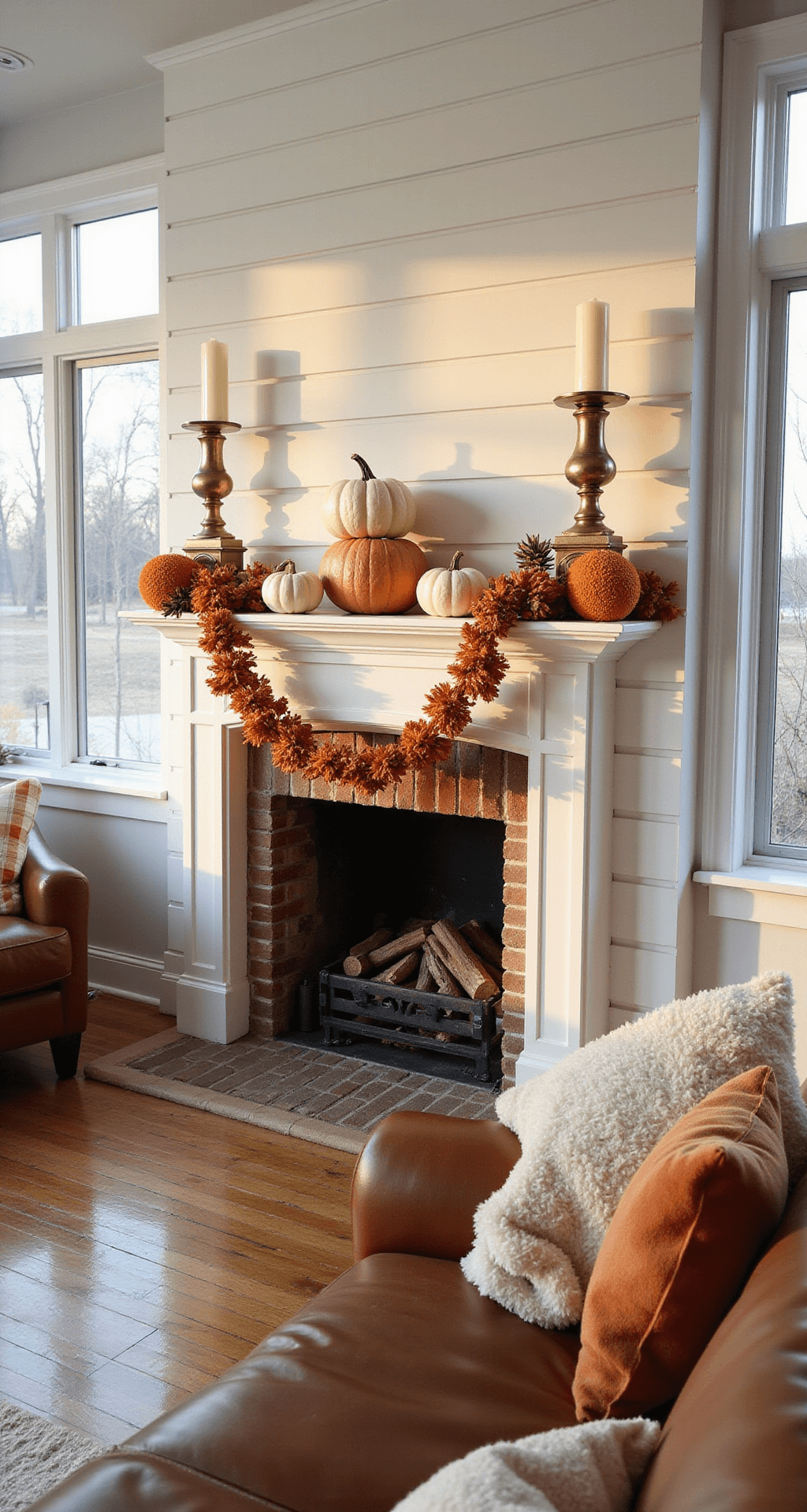 Simple Fall Decor Ideas That'll Make Your Home Pinterest-Worthy (Without Breaking the Bank) Cozy living room during golden hour featuring a white shiplap fireplace mantel styled with brass candlesticks, heirloom pumpkins, and a fall garland of dried oranges and cinnamon sticks, complemented by cream and rust buffalo check pillows on a leather sofa, all illuminated by warm natural light from large windows.