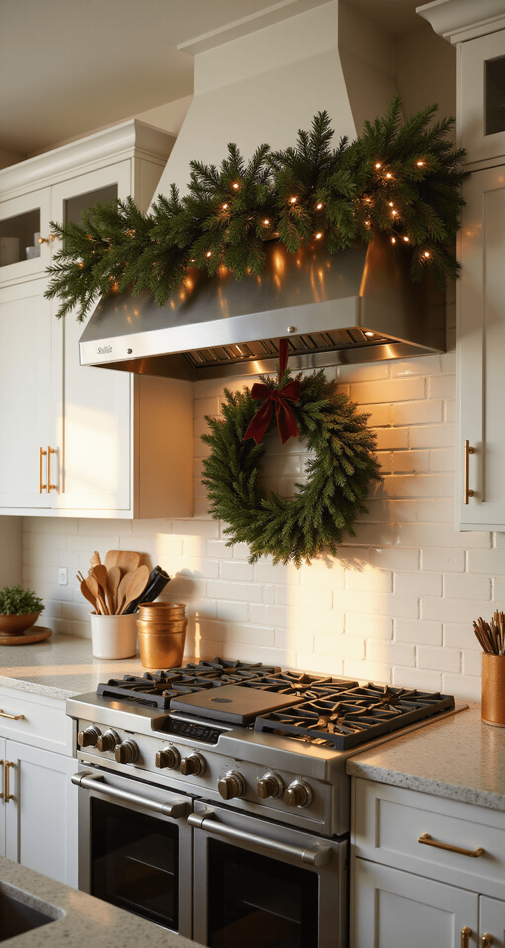 Christmas Kitchen Decor Ideas That'll Make Your Heart (and Your Feed) Sing A beautifully arranged Christmas-decorated kitchen featuring white shaker cabinets and brass accents, with a lush garland draped over a stainless steel range hood, warm fairy lights, and a forest green wreath, all captured in warm golden hour light.