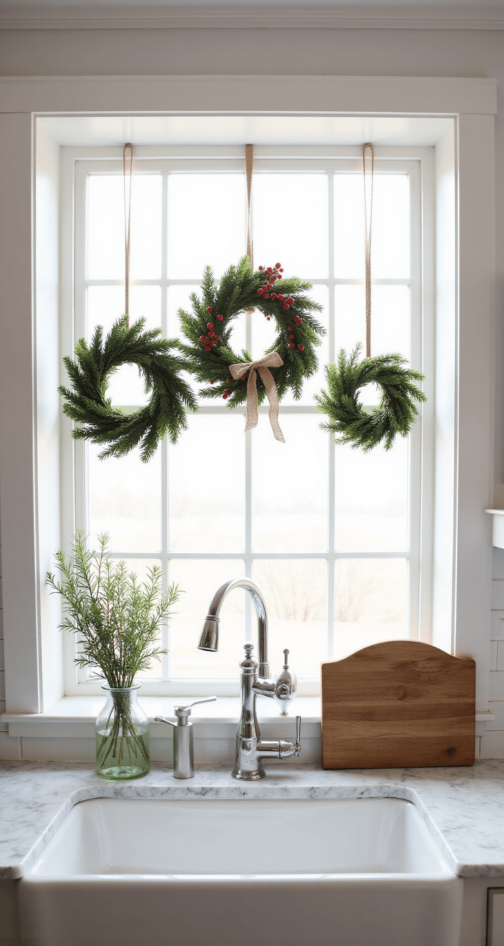 Christmas Kitchen Decor Ideas That'll Make Your Heart (and Your Feed) Sing A serene farmhouse-style kitchen vignette featuring a white ceramic apron-front sink with polished chrome fixtures, large window adorned with three graduated evergreen wreaths, and fresh rosemary sprigs in a vintage vase, all bathed in soft morning light with a color palette of whites, forest greens, and natural wood tones.