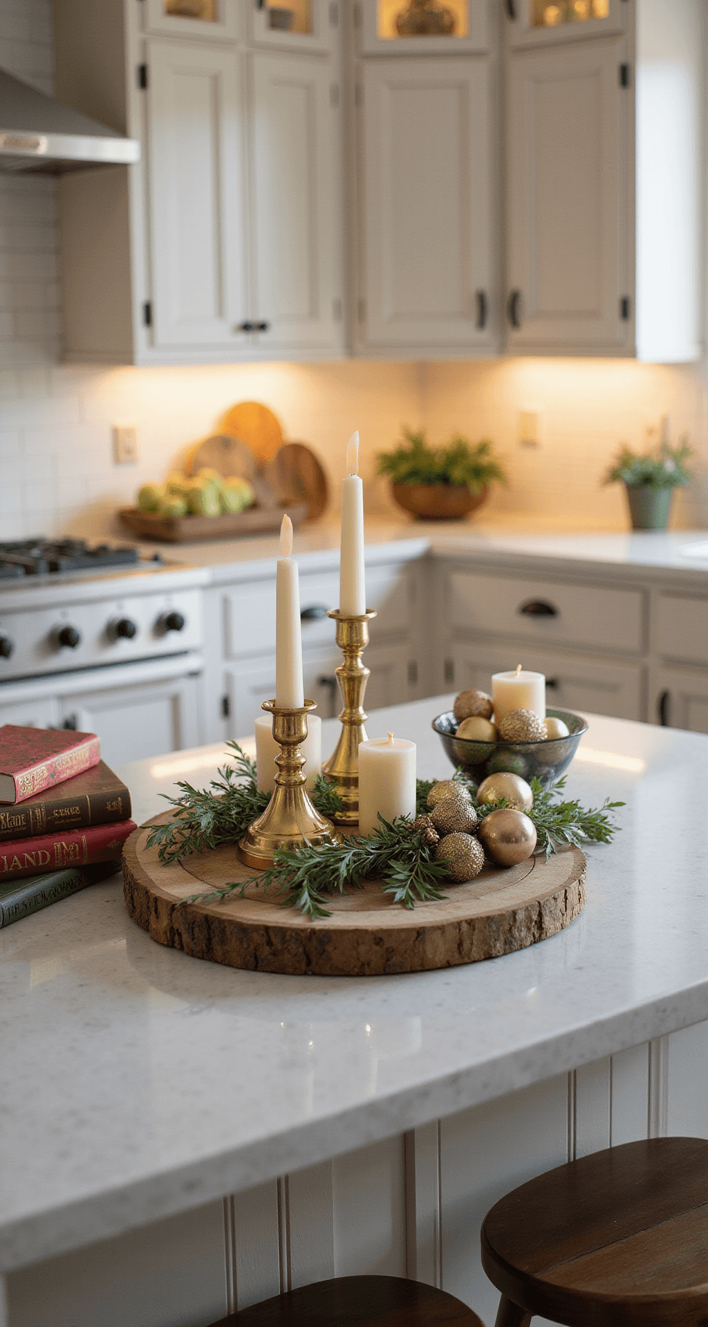 Christmas Kitchen Decor Ideas That'll Make Your Heart (and Your Feed) Sing A beautifully styled Christmas kitchen island featuring a reclaimed wood cutting board with brass candlesticks, mixed metallic ornaments, fresh eucalyptus, and holiday cookbooks, illuminated by warm under-cabinet lights and natural golden hour light.