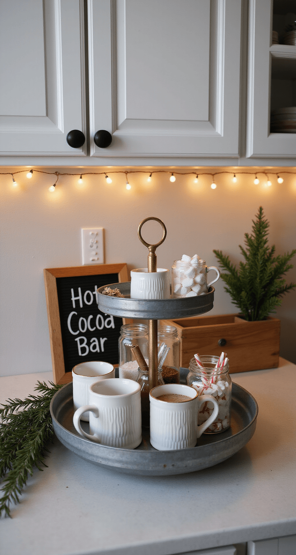 Christmas Kitchen Decor Ideas That'll Make Your Heart (and Your Feed) Sing A cozy Christmas cocoa bar on a kitchen counter, featuring a three-tiered galvanized metal tray with white ceramic mugs, glass jars of marshmallows and cocoa mix, a wooden box of cinnamon sticks and candy canes, and a hand-lettered chalkboard sign. Battery-operated string lights add warmth against white shaker cabinets and warm gray walls.