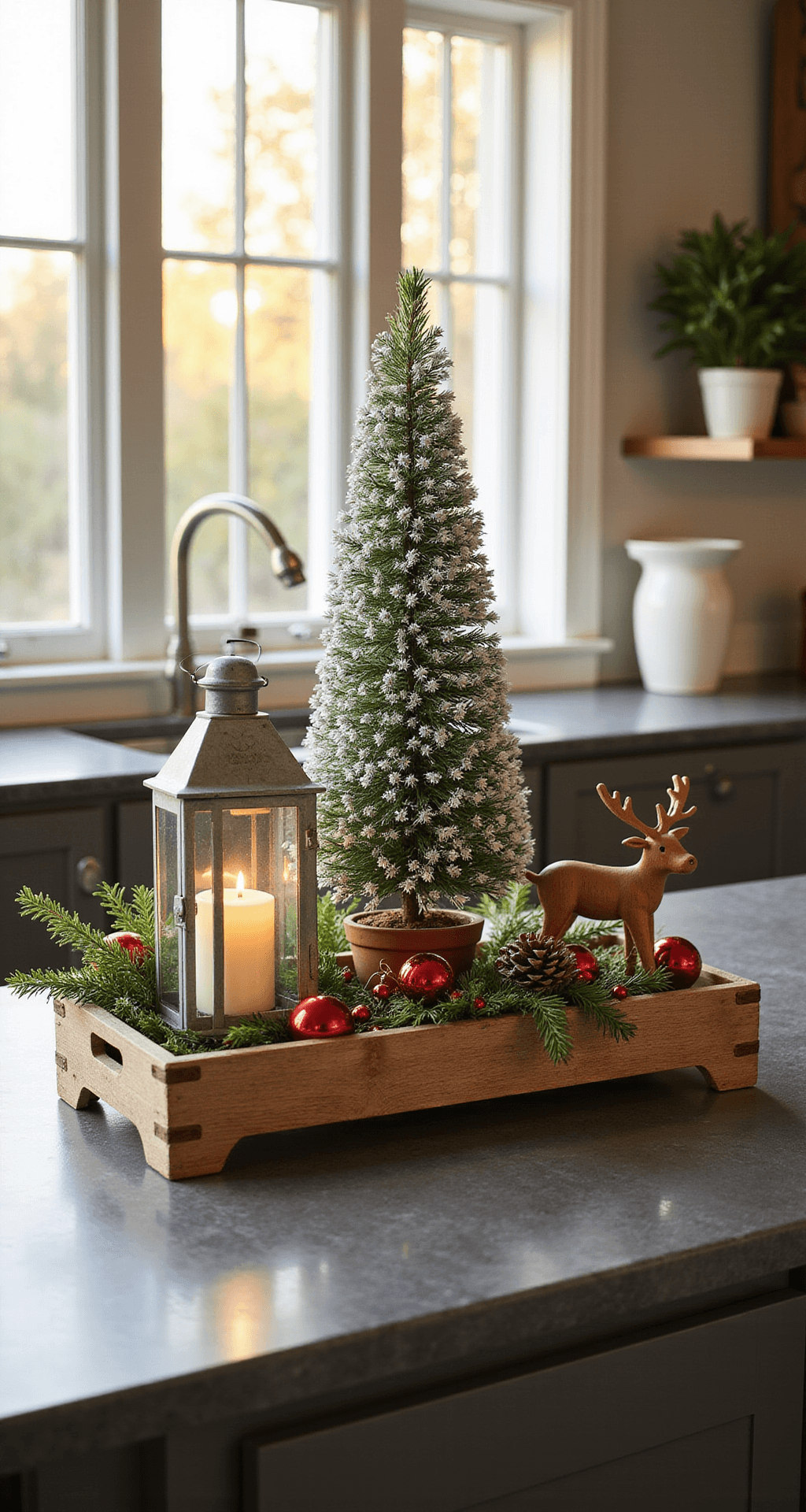 Christmas Tray Décor Ideas That'll Make Your Home Look Like a Holiday Magazine Spread A rustic wooden tray on a charcoal gray kitchen island holds a flocked bottlebrush tree, a galvanized metal lantern, and a wooden reindeer figurine, surrounded by fresh pine sprigs, red glass ornaments, and pinecones, illuminated by warm golden hour light from nearby French windows.